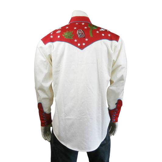 Rockmount Clothing Men's Red Vintage Cactus & Stars Chain Stitch Embroidery Western Shirt - Rockmount Clothing