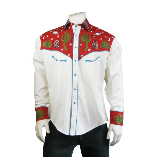 Rockmount Clothing Men's Red Vintage Cactus & Stars Chain Stitch Embroidery Western Shirt - Rockmount Clothing