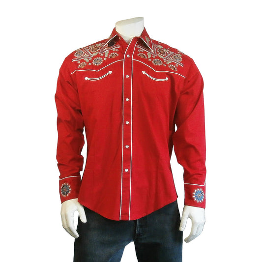 Rockmount Clothing Men's Vintage Red Floral & Stars Embroidery Western Shirt - Rockmount Clothing