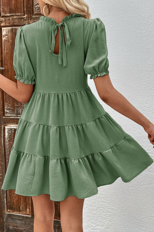 Puff Sleeve Tie Back Tiered Dress - Flyclothing LLC