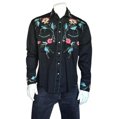 Men's Floral Embroidery Cotton Gabardine Black Western Shirt - Flyclothing LLC