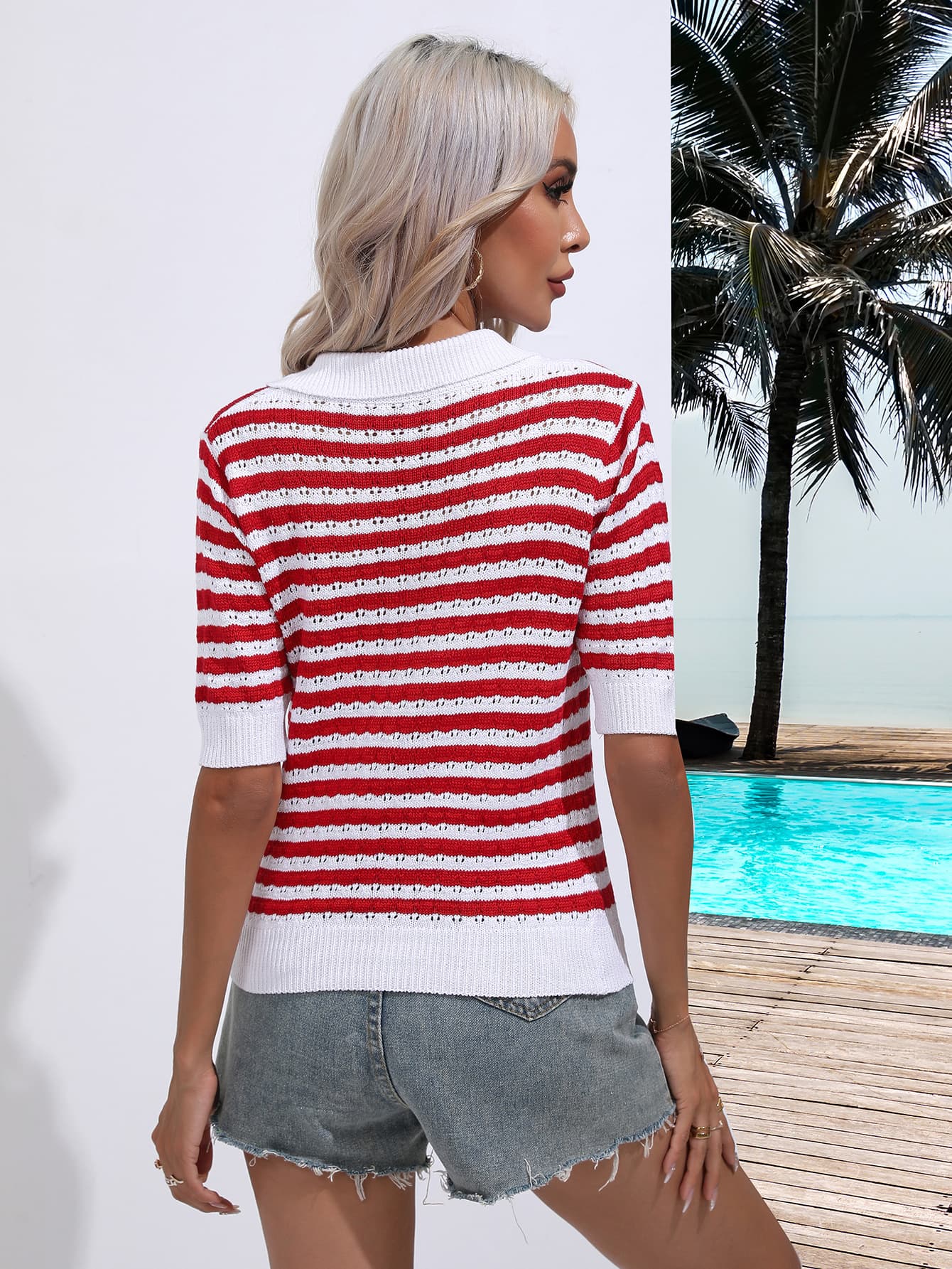 Striped Johnny Collar Half Sleeve Knit Top - Flyclothing LLC