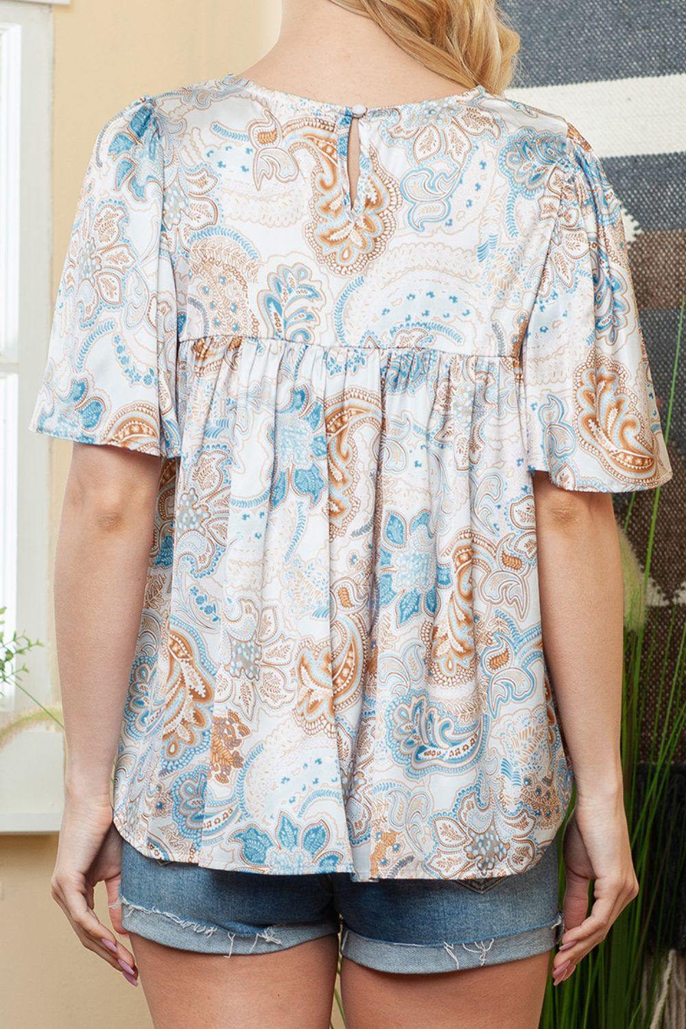 Printed Round Neck Short Sleeve Blouse - Flyclothing LLC