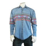 Rockmount Clothing Men's 2-Tone Denim & Red Native Pattern Chest Band Western Shirt - Rockmount Clothing