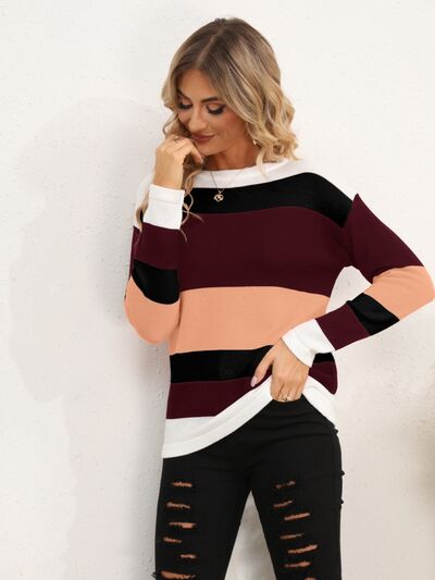 Striped Round Neck Dropped Shoulder Sweater - Flyclothing LLC