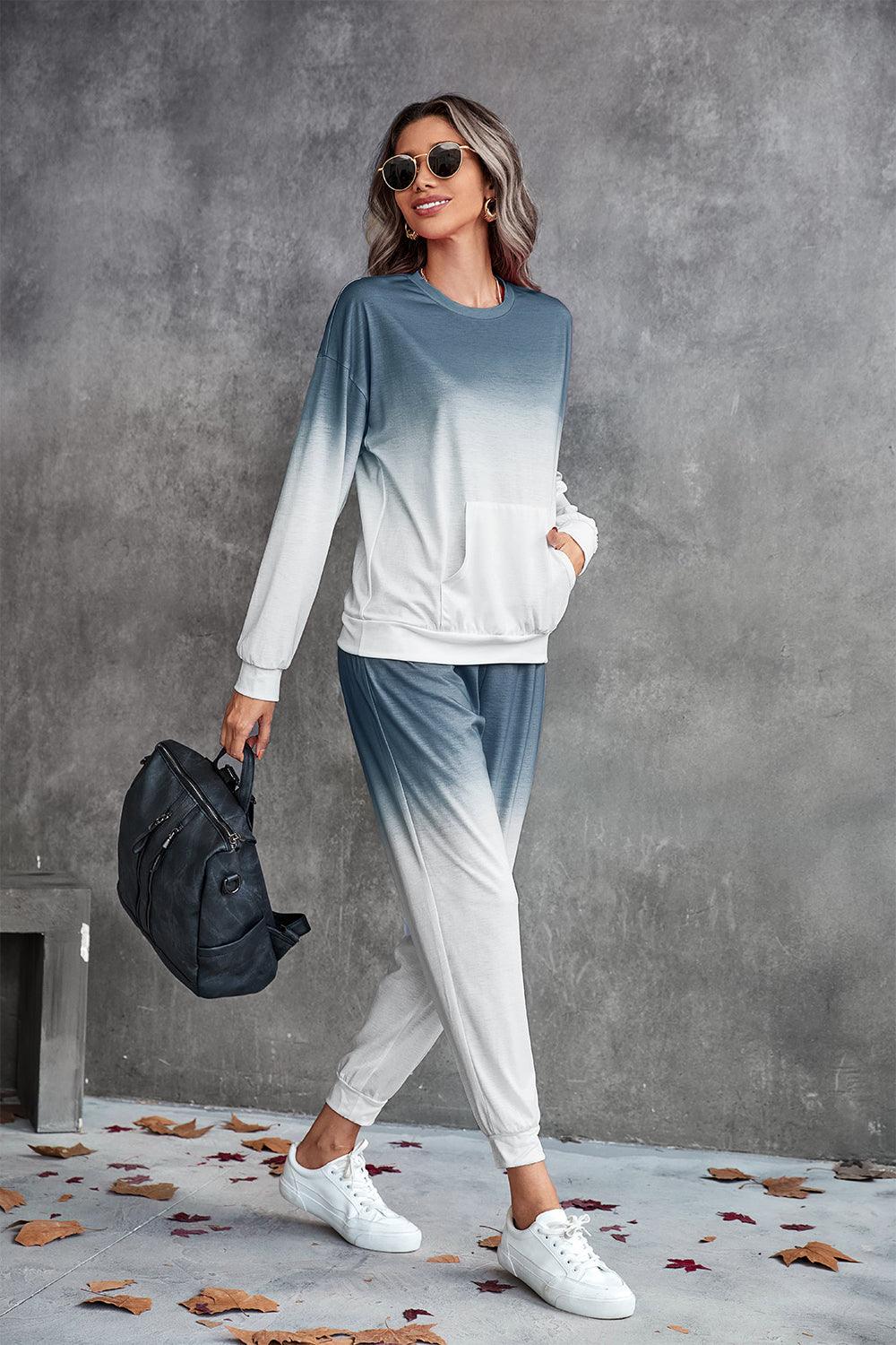 Gradient Round Neck Sweatshirt and Joggers Set - Flyclothing LLC