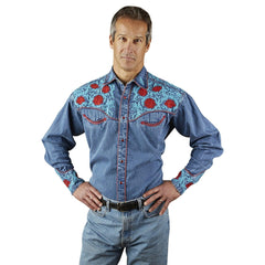 Rockmount Ranch Wear Mens Denim Vintage Shirt with Red Floral & Turquoise Embroidery - Rockmount Clothing