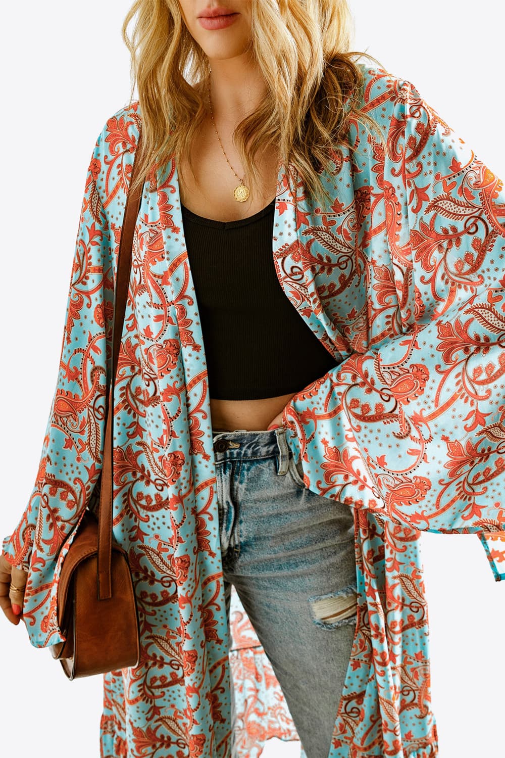 Printed Open Front Duster Cardigan - Flyclothing LLC