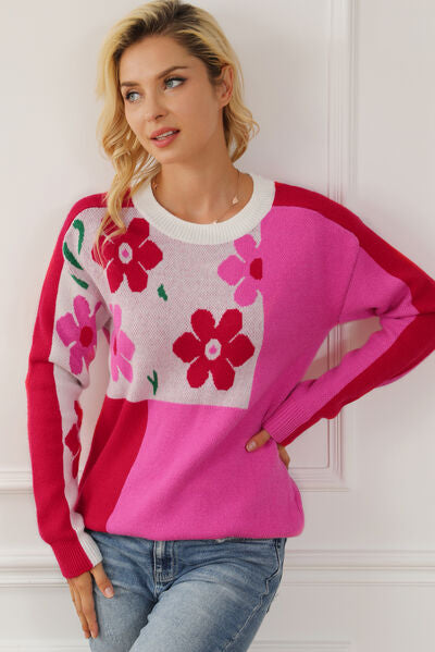 Floral Round Neck Dropped Shoulder Sweater - Flyclothing LLC