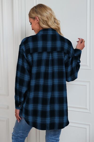 Plaid Button Up Dropped Shoulder Outerwear - Flyclothing LLC