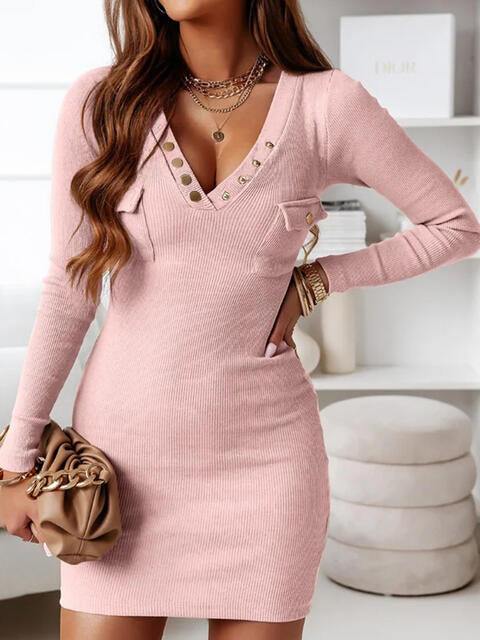 V-Neck Long Sleeve Ribbed Dress - Flyclothing LLC