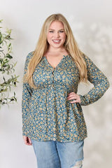 Heimish Full Size Floral Half Button Long Sleeve Blouse - Flyclothing LLC