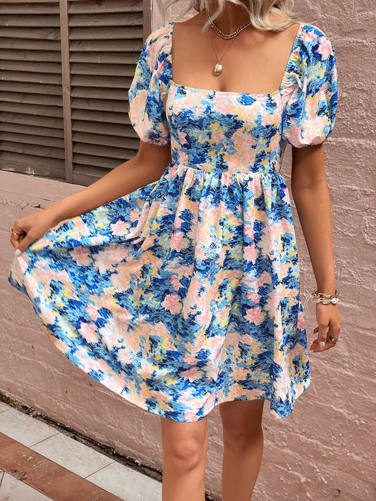 Floral Square Neck Puff Sleeve Dress - Flyclothing LLC