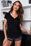 Short Sleeve Henley Top and Grid Shorts Lounge Set - Flyclothing LLC