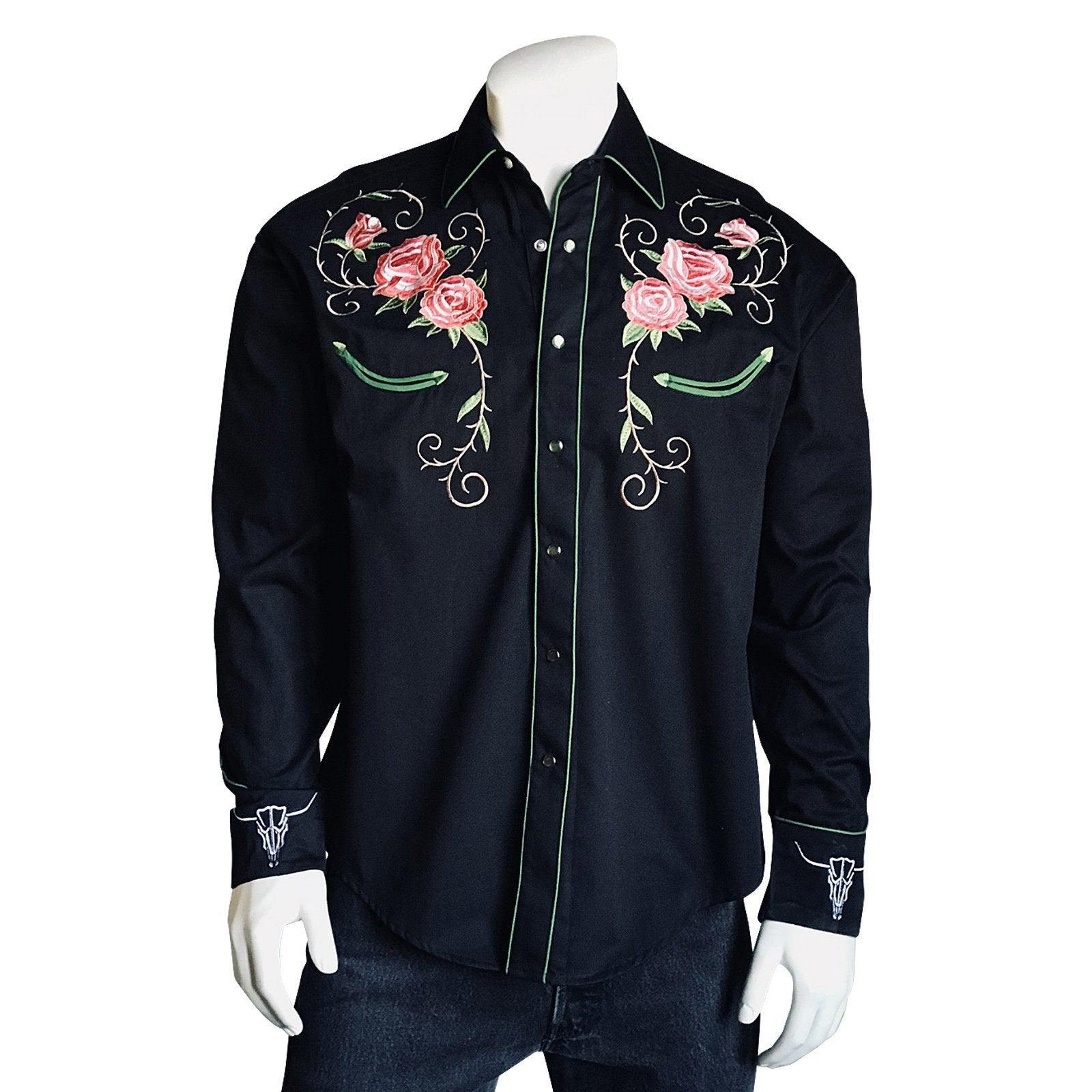 Rockmount Ranch Wear Mens Steer Skull & Floral Embroidery Western Shirt - Rockmount Clothing