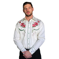 Rockmount Ranch Wear Mens Ivory Steer Skull & Floral Embroidery Western Shirt - Rockmount Clothing