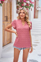 Swiss Dot Petal Sleeve Notched Top - Flyclothing LLC