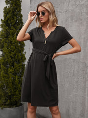 Tied Notched Short Sleeve Dress - Flyclothing LLC