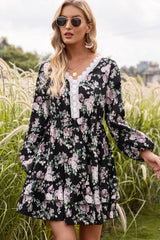 Floral Lace Trim Long Sleeve Dress - Flyclothing LLC