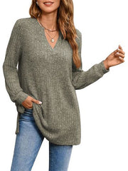 Slit Notched Pocketed Long Sleeve T-Shirt - Flyclothing LLC