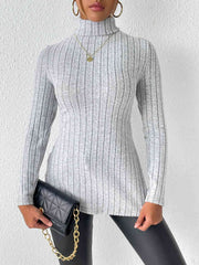 Ribbed Turtleneck Long Sleeve Slit T-Shirt - Flyclothing LLC