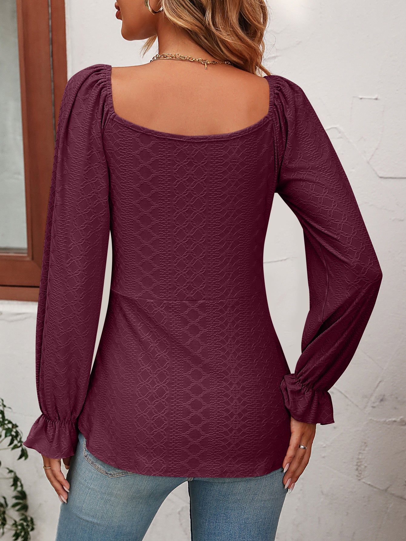 Tie Front V-Neck Puff Sleeve Blouse - Flyclothing LLC