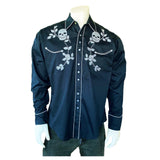 Rockmount Clothing Mens Vintage Navy Skull & Roses Chain Stitch Embroidery Western Shirt - Rockmount Clothing