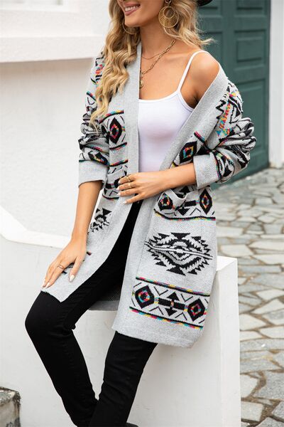 Pocketed Geometric Open Front Dropped Shoulder Cardigan - Flyclothing LLC