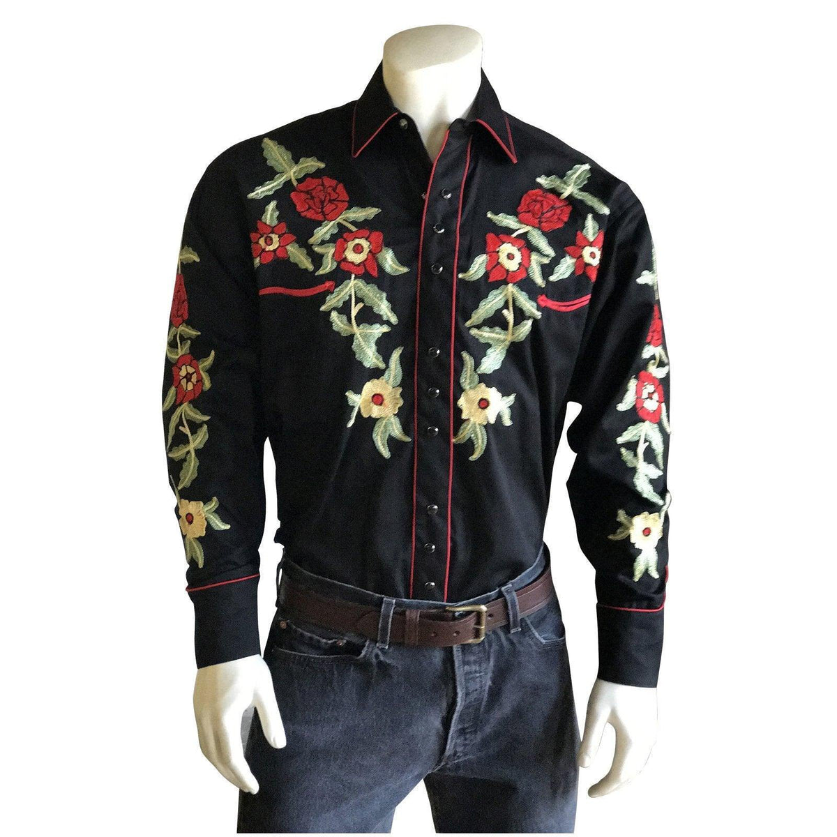 Men's Black Vintage Floral Embroidery Western Shirt - Flyclothing LLC