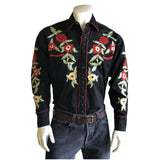 Men's Black Vintage Floral Embroidery Western Shirt - Flyclothing LLC