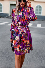 Printed Tie Waist Mock Neck Lantern Sleeve Dress - Flyclothing LLC