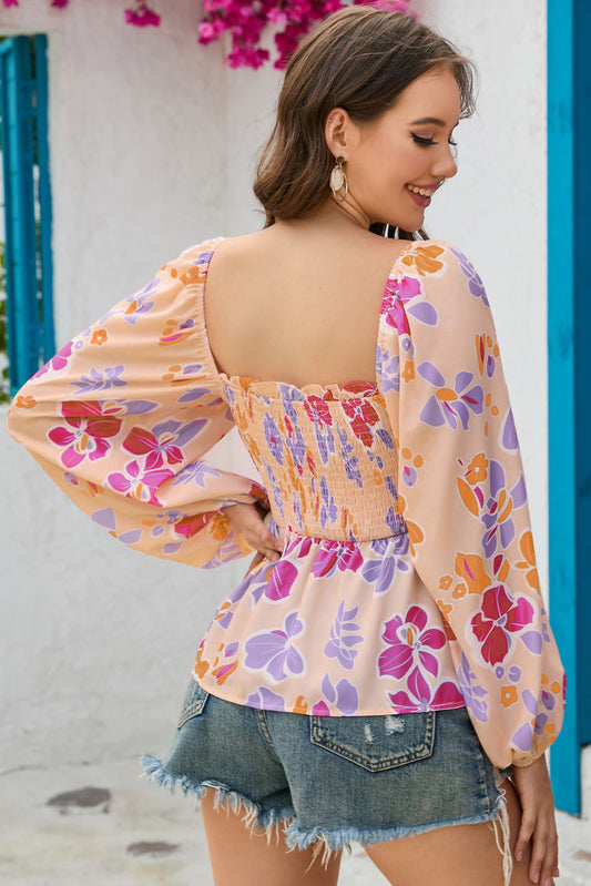 Floral Square Neck Smocked Blouse - Flyclothing LLC