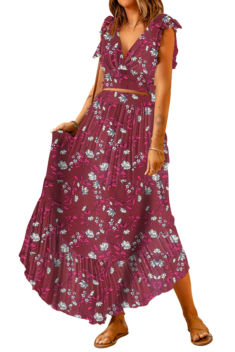 Printed Tie Back Cropped Top and Maxi Skirt Set - Flyclothing LLC