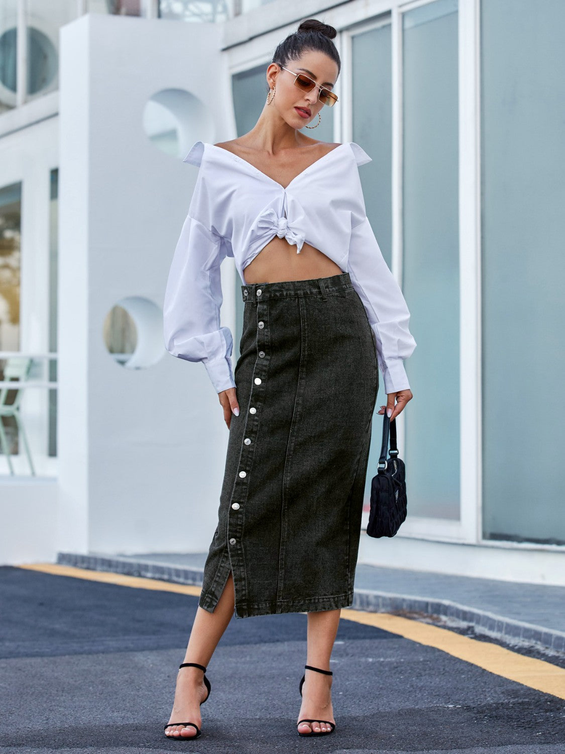 Black button outlet down jean skirt