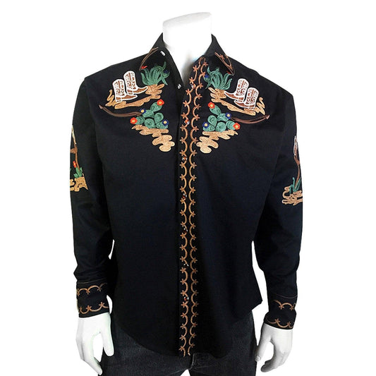 Men's Cactus & Cowboy Boots Embroidered Western Shirt in Black - Flyclothing LLC