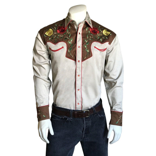 Rockmount Ranch Wear Mens 2-Tone Tan & Brown Floral Embroidery Western Shirt - Rockmount Clothing