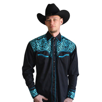 Rockmount Ranch Wear Mens Floral Tooling Black Turquoise Western