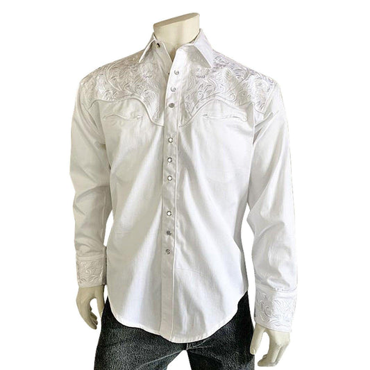 Men's Vintage Tooling Embroidered White-on-White Western Shirt - Flyclothing LLC