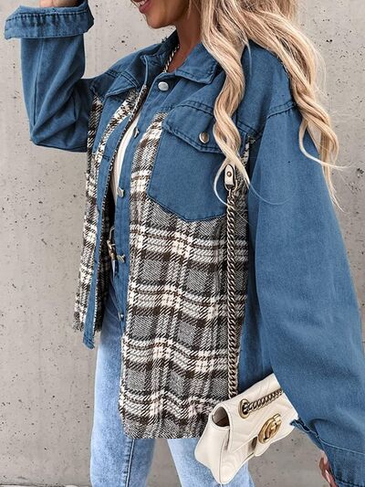 Plaid Button Up Dropped Shoulder Jacket - Flyclothing LLC