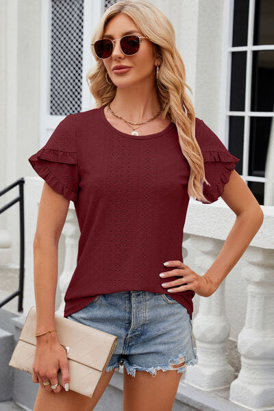 Eyelet Round Neck Petal Sleeve T-Shirt - Flyclothing LLC