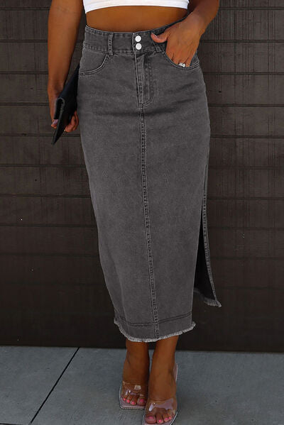 Raw Hem Slit Pocketed Midi Denim Skirt - Flyclothing LLC