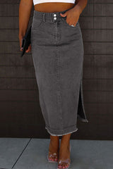 Raw Hem Slit Pocketed Midi Denim Skirt - Flyclothing LLC