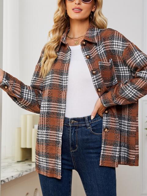 Plaid Collared Shirt Jacket - Flyclothing LLC