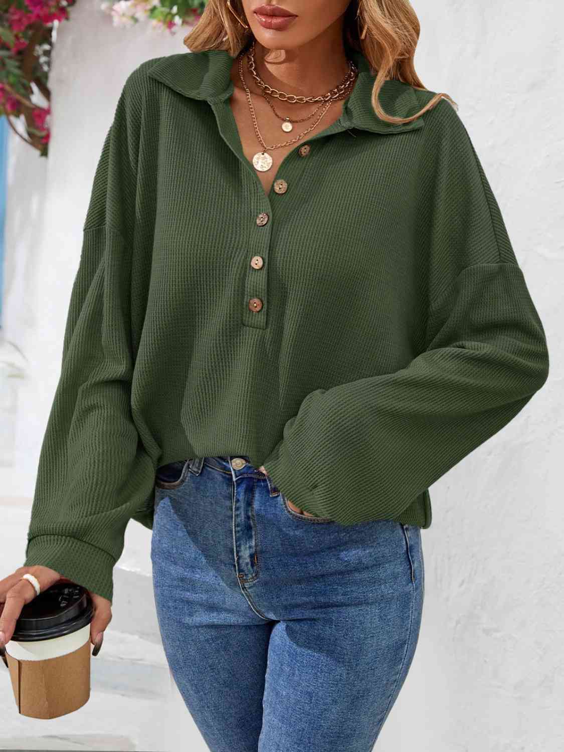 Half Button Collared Neck Long Sleeve Top - Flyclothing LLC