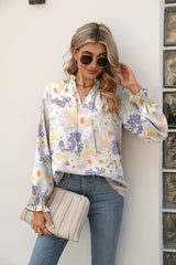 Printed Tie Neck Flounce Sleeve Blouse - Flyclothing LLC