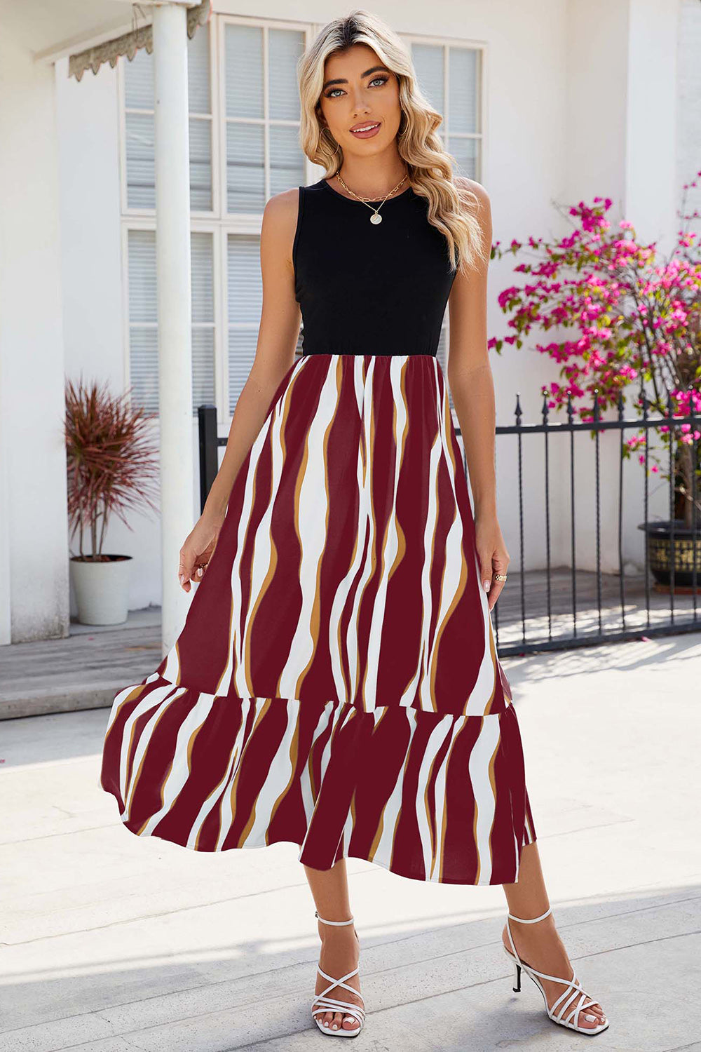 Striped Round Neck Sleeveless Midi Dress - Flyclothing LLC