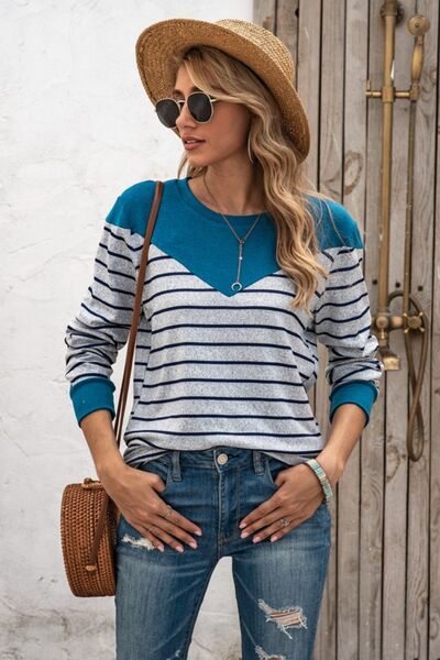 Striped Round Neck Long Sleeve T-Shirt - Flyclothing LLC