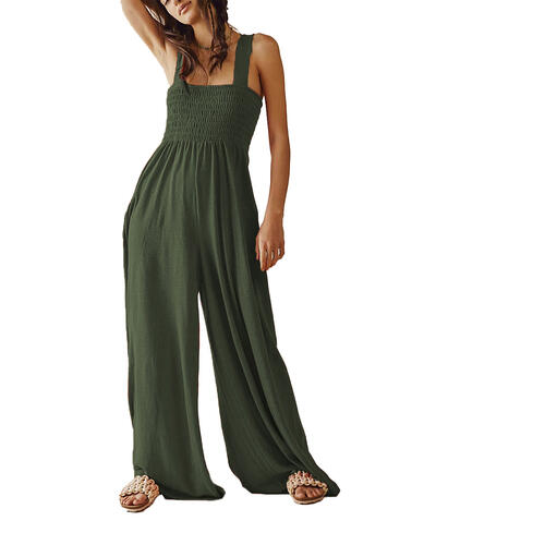 Smocked Wide Strap Jumpsuit - Flyclothing LLC