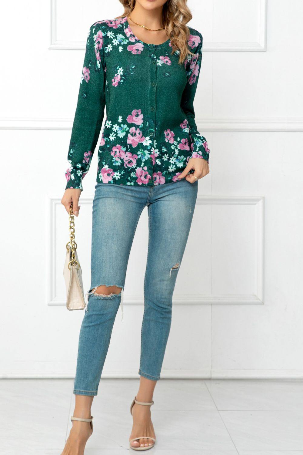 Floral Button Front Round Neck Cardigan - Flyclothing LLC