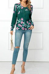 Floral Button Front Round Neck Cardigan - Flyclothing LLC